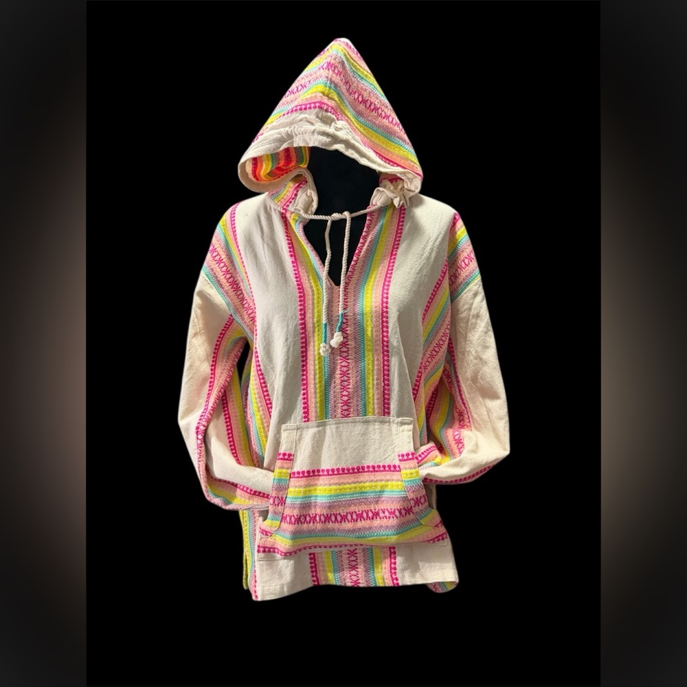 Beach By Exist Cream Hoodie Sweater with Pink, Yellow, Green, Blue Stripes
